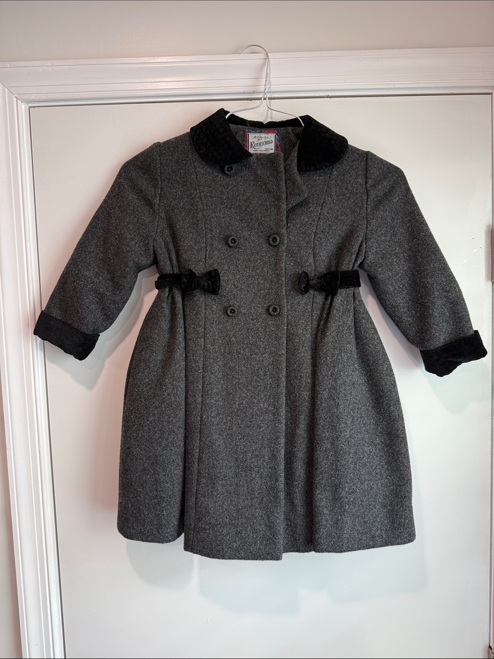Rothschild Gray Double-Breasted Girls' Pea Coat with Black Velvet Trim